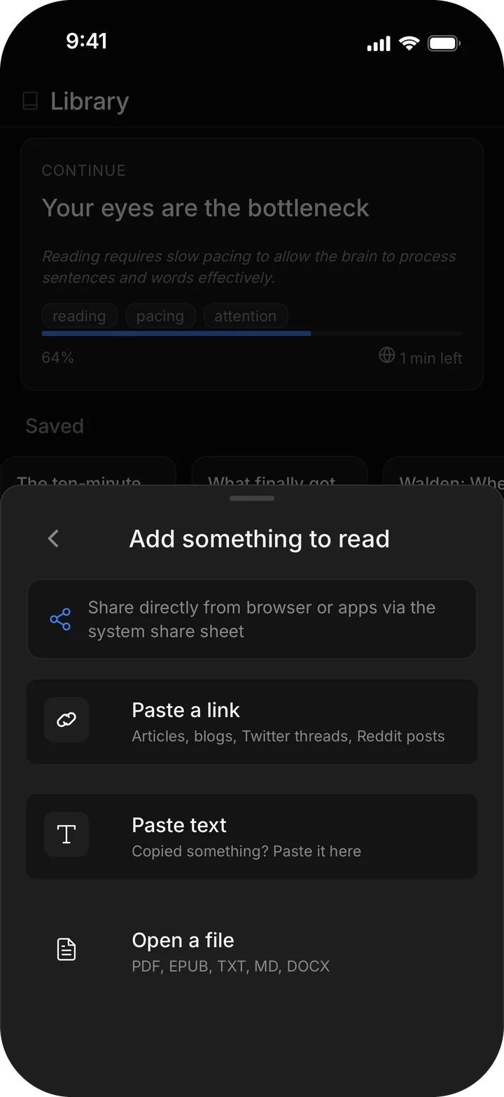 Add something to read: share, paste a link, paste text or open a file.