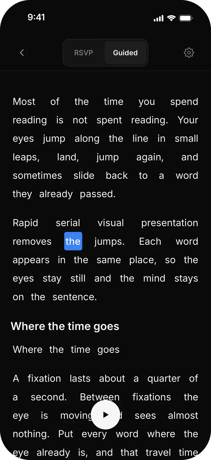 Guided mode: the full text with the current word highlighted.