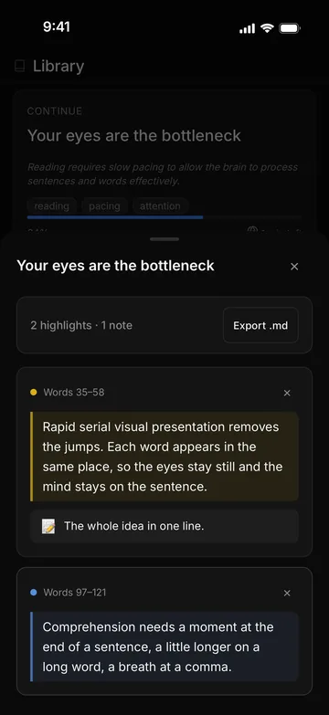 Highlights and notes from an article, with Markdown export.