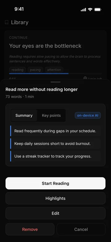 An article's on-device summary in three short points, with Start Reading and Highlights.